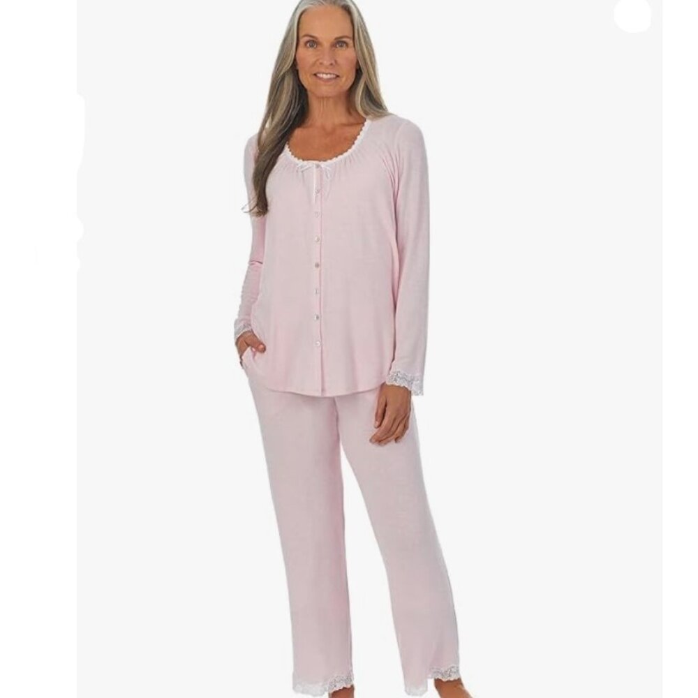NWT Eileen West Long Sleeves Button Up Lace Trim 2 pc Womens Pink Soft pj Sz L